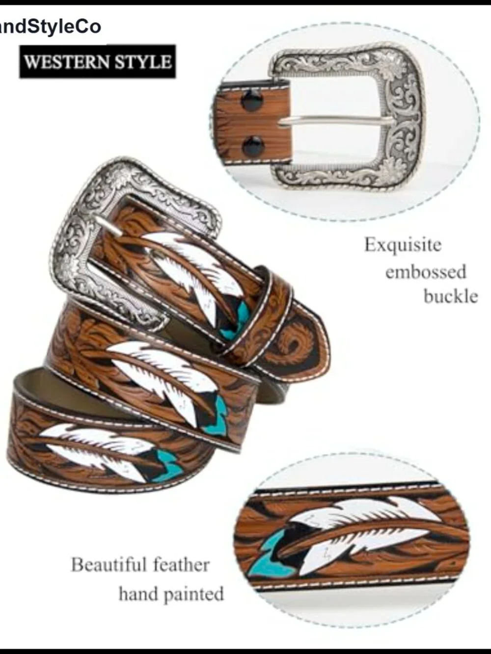 Western Belt with Feather Print Removable Buckle 1.5